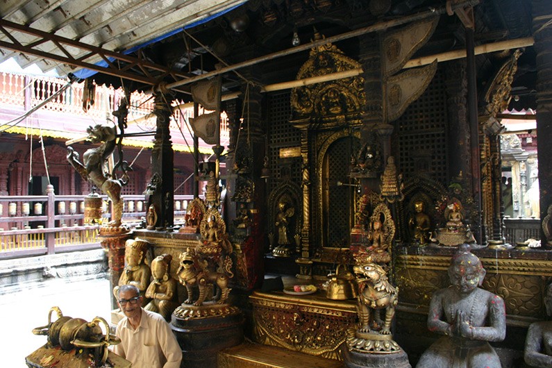 Front part of the lineage deity shrine in the center of the courtyard with sculptural and decorative additions from different times.