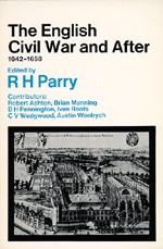 Book cover for The English Civil War and After 1642-1658. Below: A black-and-white historical engraving of a large academic complex with Gothic-style buildings courtyards formal gardens and surrounding fields enclosed within a black border. Text is black or pale teal. Background is white.