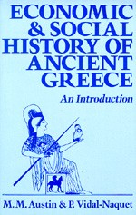 Book cover for Economic and Social History of Ancient Greece. Below: a dark blue classical line drawing shows a seated goddess wearing a crested helmet holding a long spear diagonally and cradling a small owl in her palm. Text is dark blue. Background is pale blue.