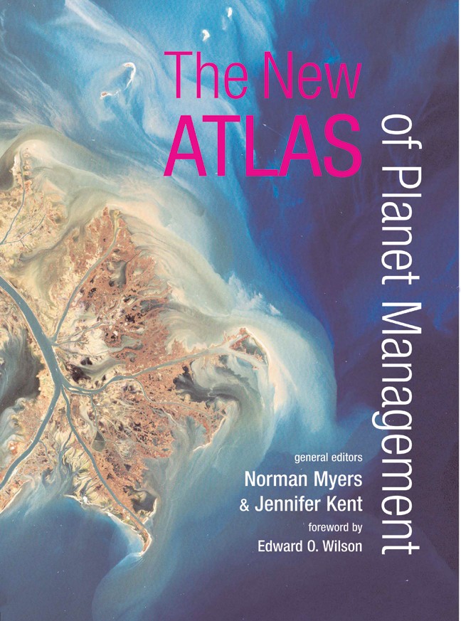 Book cover for The New Atlas of Planet Management. An aerial satellite photo extends to all edges showing a delta where a blue river branches into a bird’s-foot pattern. Brown land and sediment flow into a deep blue ocean. Text is white or pink with part of the title set vertically on the right.