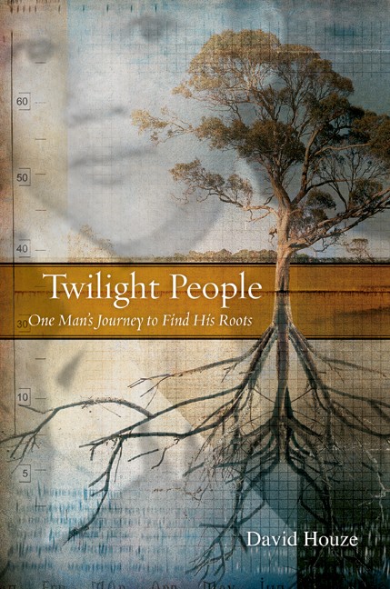 Book cover for Twilight People. A layered multi-media image fills the frame showing a tree with its canopy above and roots below overlaid with a faint black-and-white portrait of a young man. A grid and vertical measurement scale run along the left edge with faint month labels at the bottom. Text is white with an ochre band across the center.