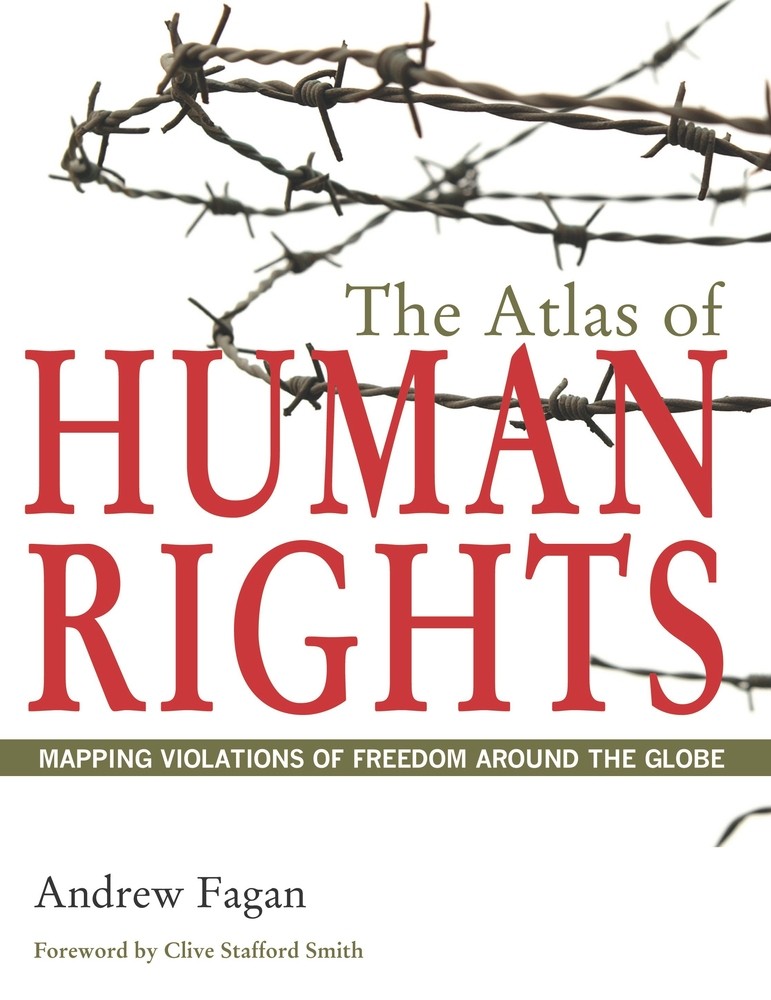 Book cover for The Atlas of Human Rights. A photo of loops of dark gray barbed wire across the top and behind the title. Text is red olive green white or black. Background is white with a narrow olive green band near the bottom.