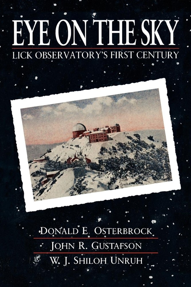 Book cover for Eye on the Sky. Center: A tilted vintage white-bordered illustration shows an observatory atop a snow-covered mountain under a soft pink and blue twilight sky against a black starry background. Text is white.